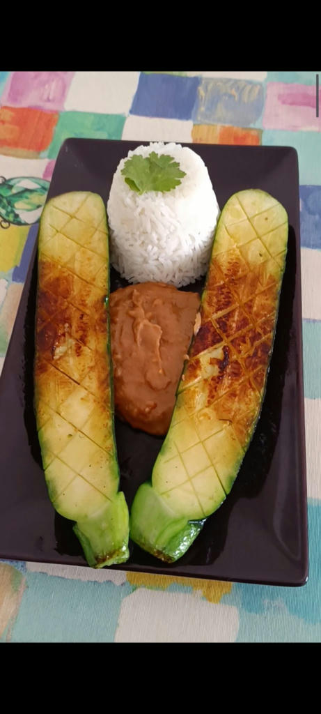 The Happy Herbivore; grilled zucchini with coconut basmati rice and spiced peanut sauce - September 2023 