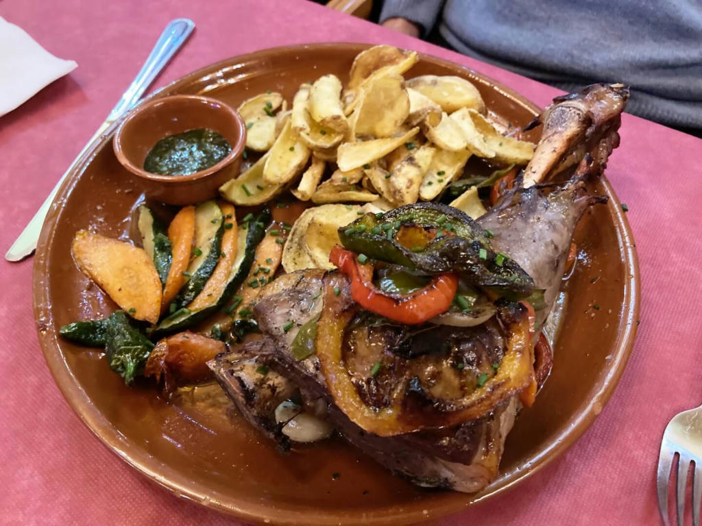 Roast leg of Lamb with fried potatoes, vegetables, and home-made bread (on the side, with rosemary & mint sauce) - January 2023