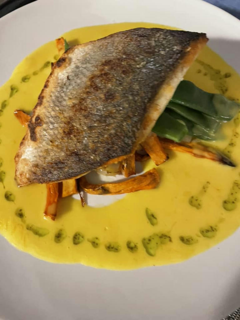 Pan fried fillet of sea bass, roasted sweet potato, leeks & saffron veloute - September 2023