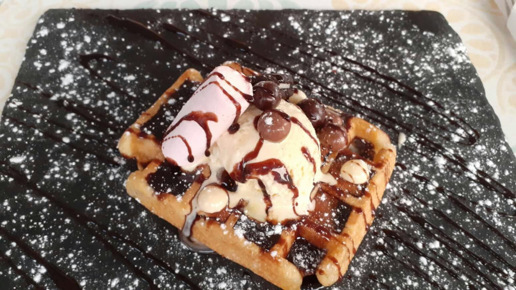 Waffle with chocolate sauce, vanilla ice-cream