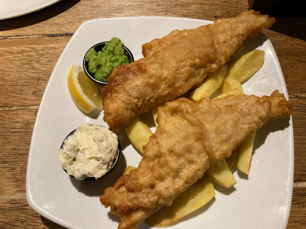 Battered Cod, chips and mushy peas