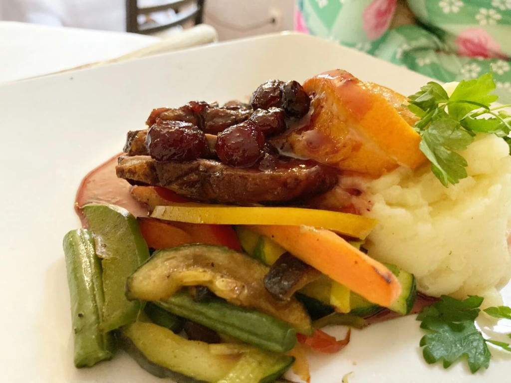 Duck breast with a cranberry orange sauce, mash and vegetables - February 2023