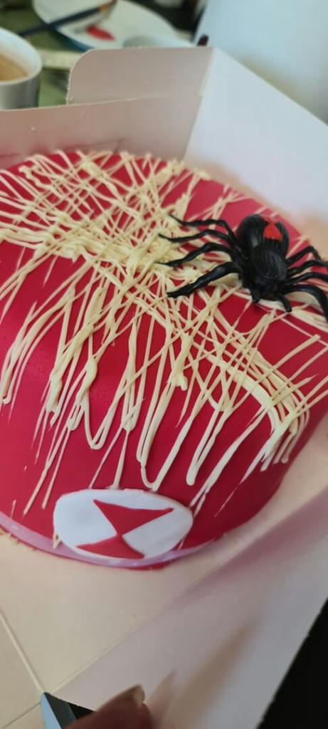 A vanilla sponge filled with homemade strawberry jam and vanilla buttercream, crumbcoated and then fondant. The web effect is white chocolate.