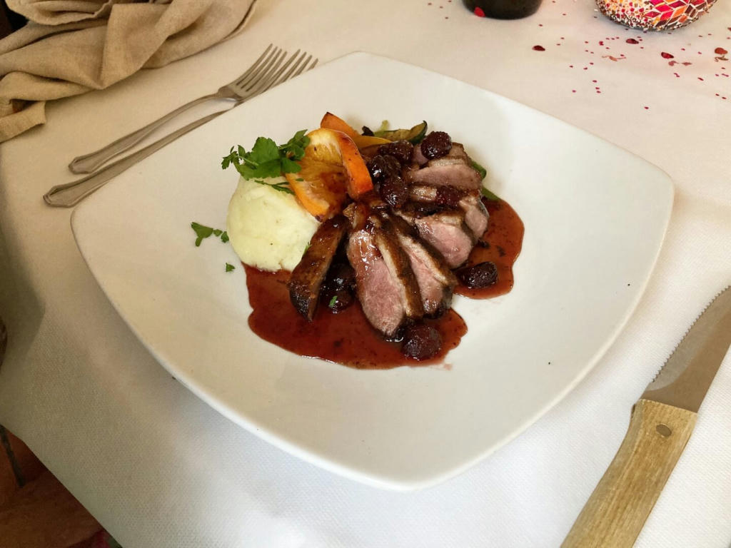 Duck breast with a cranberry orange sauce, mash and vegetables - February 2023