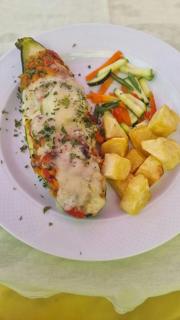 Vegetarian Stuffed Zucchini topped with Gruyere - July 2022