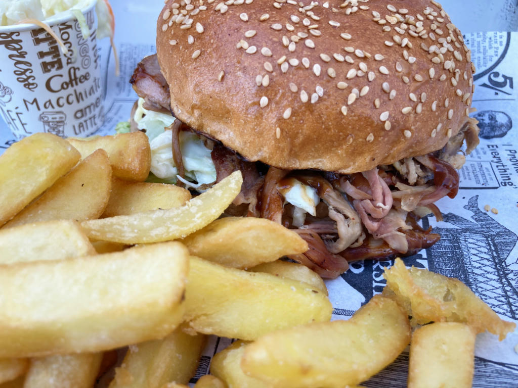 Pulled Pork Burger, chips and coleslaw - August 2023