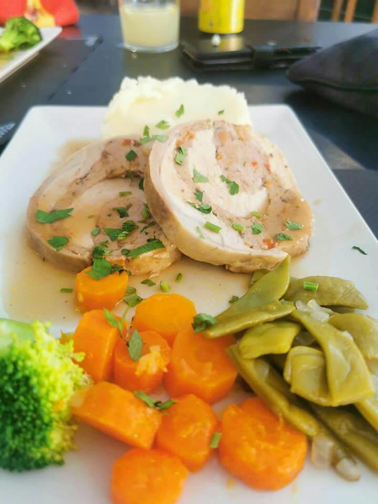 Stuffed Pork Loin with Mash and Vegetables