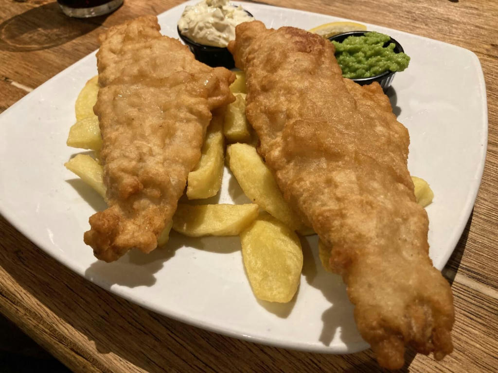Battered Cod, chips and mushy peas