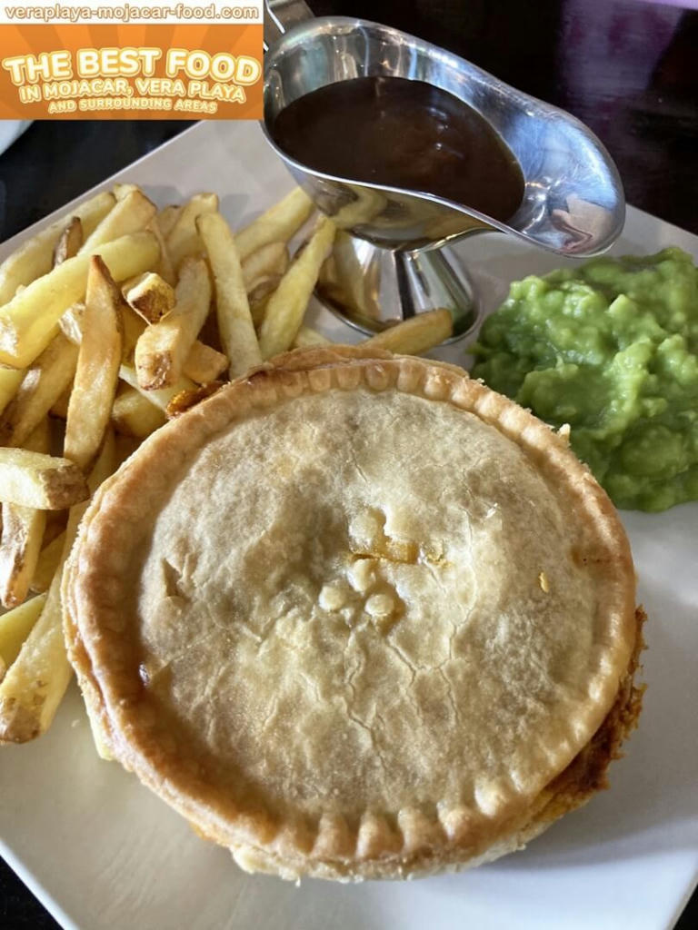 Chicken Balti Pie, chips and peas - August 2023