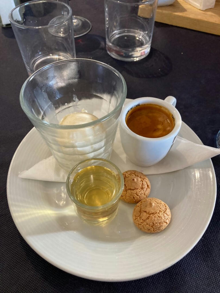 Affogato; Artisan Vanilla Ice Cream 'Drowned' with Espresso, Amaretti Biscuit, add a shot of Frangelico Liqueur or Non Alcoholic Amaretto - March 2023