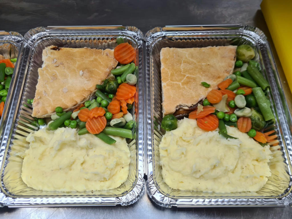 Steak pie, mash and veggies - May 2024