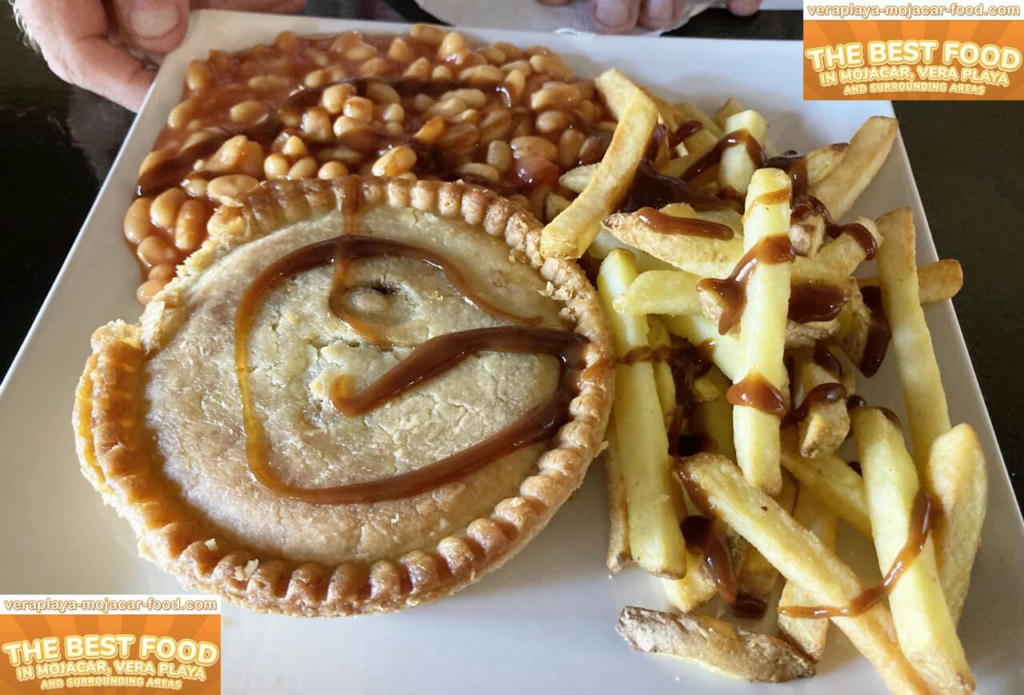 Minced beef pie, chips and beans - August 2023